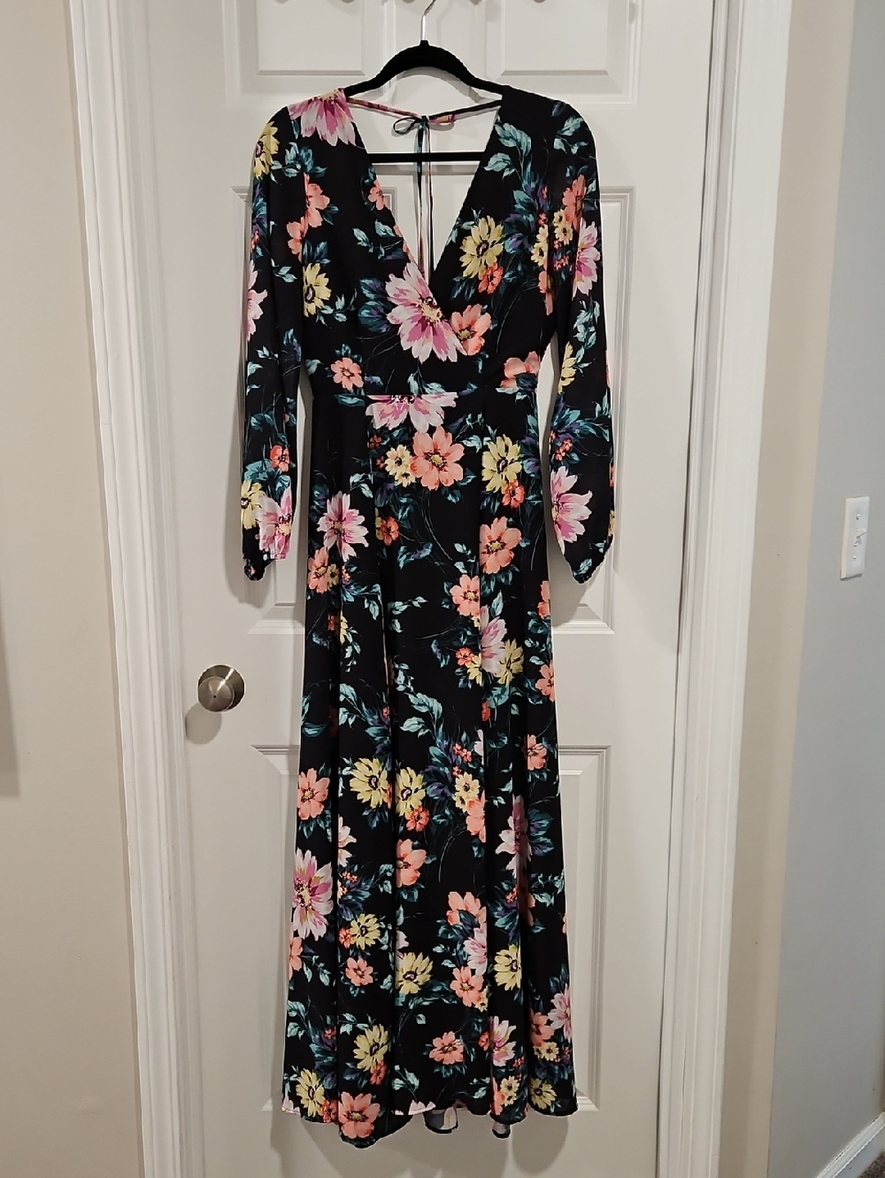 Yumi Kim Black Floral Wrap-Style Long Sleeve Maxi Dress